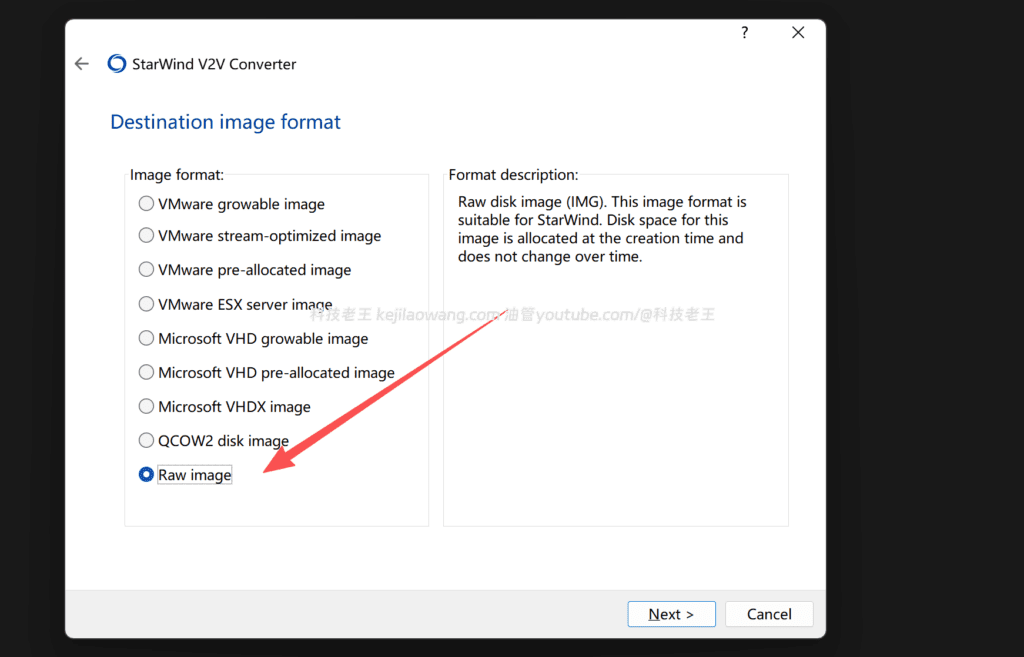 使用 StarWind V2V Converter 选择 Raw Image 格式以生成 IMG 引导镜像
(Selecting Raw image format in StarWind V2V Converter to create an IMG boot file)
